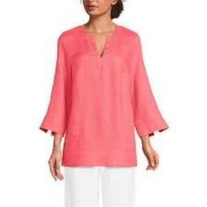 Lands End Linen Blend Top Tunic Sz 1X 3/4 Sleeve Pockets Notch Neck Red